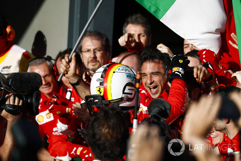 Race winner Sebastian Vettel, Ferrari, celebrates on arrival in Parc Ferme with his team