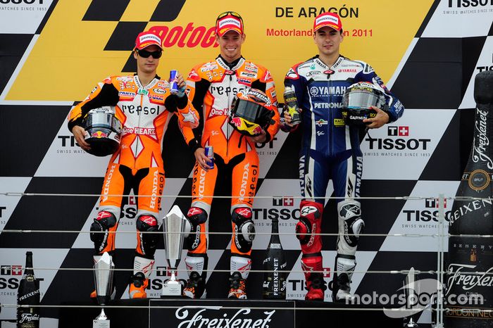 Podio GP Aragón 2011: 1º Casey Stoner, 2º Dani Pedrosa, 3º Jorge Lorenzo