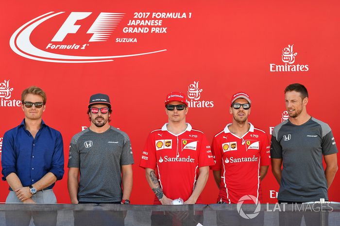 Nico Rosberg, Mercedes-Benz Ambassador, Fernando Alonso, McLaren, Kimi Raikkonen, Ferrari, Sebastian Vettel, Ferrari y Jenson Button, McLaren en el podio con el #FuerzaMex1co