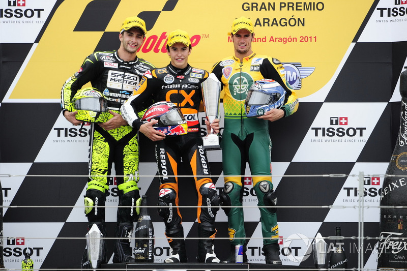 Le podium du GP d'Aragon 2011 de Moto2 : Marc Marquez, Andrea Iannone, Simone Corsi