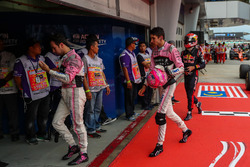 Sergio Perez, Sahara Force India, Esteban Ocon, Sahara Force India and Pierre Gasly, Scuderia Toro Rosso in parc ferme