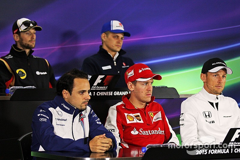 Felipe Massa, Williams; Sebastian Vettel, Ferrari; and Jenson Button, McLaren in the FIA Press Conference