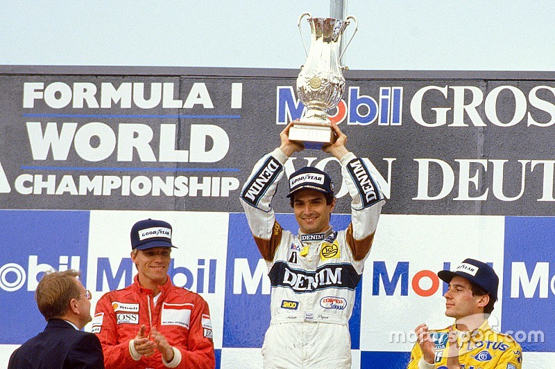 Pódio: vencedor Nelson Piquet, Williams, segundo colocado Stefan Johansson, Ferrari, terceiro colocado Ayrton Senna, Lotus