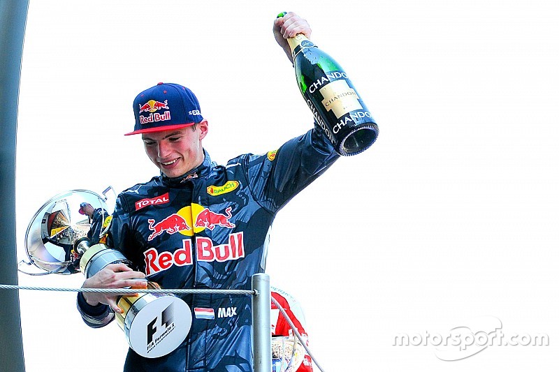 Max Verstappen, Red Bull Racing celebrates his first win