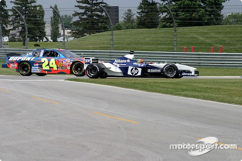 Juan Pablo Montoya, left, and Jeff Gordon side by side