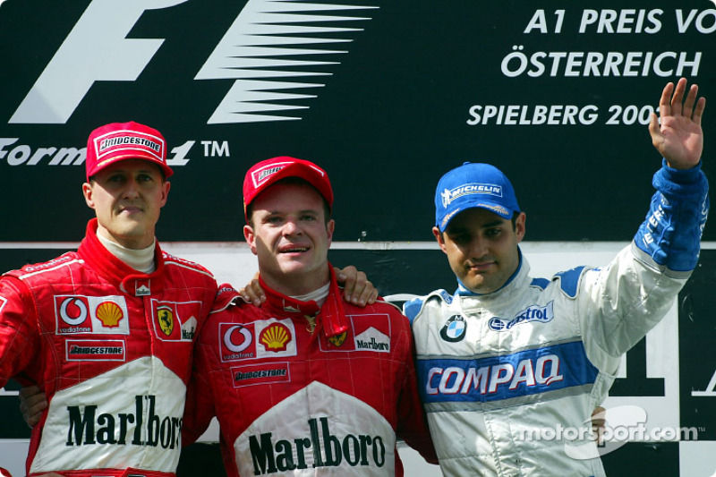 The podium: Michael Schumacher, Rubens Barrichello and Juan Pablo Montoya