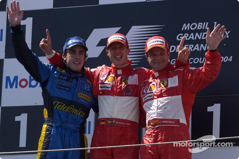 2004: 1. Михаэль Шумахер, 2. Фернандо Алонсо, 3. Рубенс Баррикелло