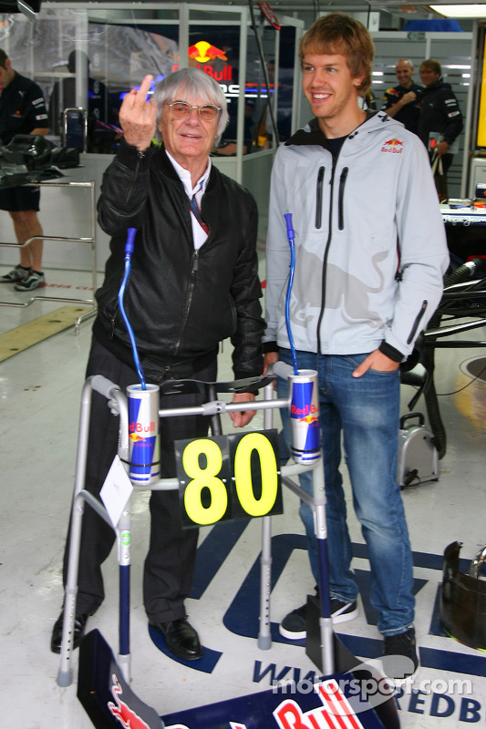 Bernie Ecclestone turns 80 next week and for a special birthday present the Red Bull team have given him a Zimmer frame with Sebastian Vettel, Red Bull Racing