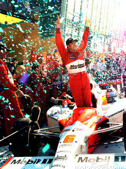 Race winner Sam Hornish Jr. celebrates