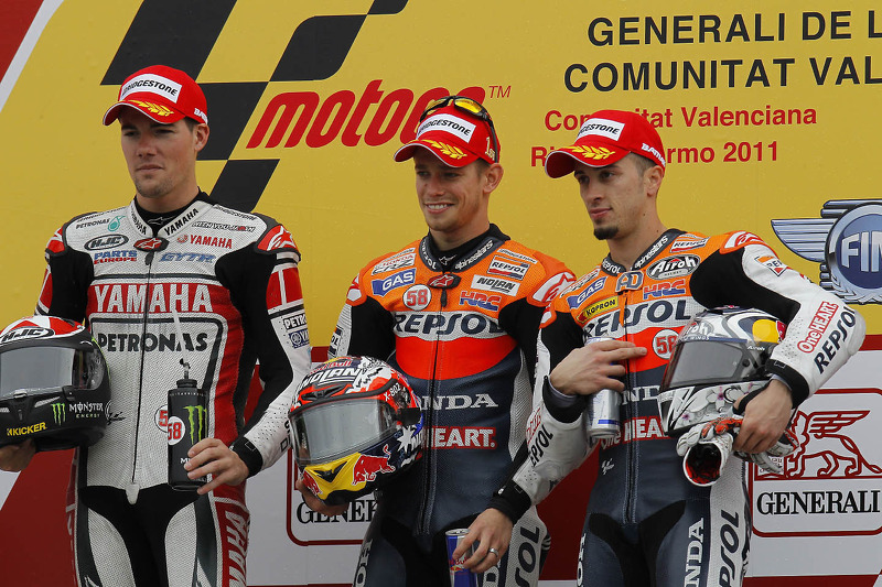 2011: 1. Casey Stoner, 2. Ben Spies, 3. Andrea Dovizioso