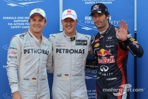 Qualifying results, 1st Michael Schumacher, Mercedes AMG Petronas with 2nd place Mark Webber, Red Bull Racing and 3rd Nico Rosberg, Mercedes AMG Petronas, Mercedes AMG Petronas has a 5 place penalty from the last race)