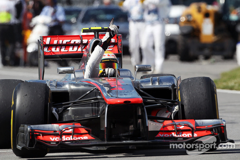 Race winner Lewis Hamilton, McLaren Mercedes celebrates at the end of the race