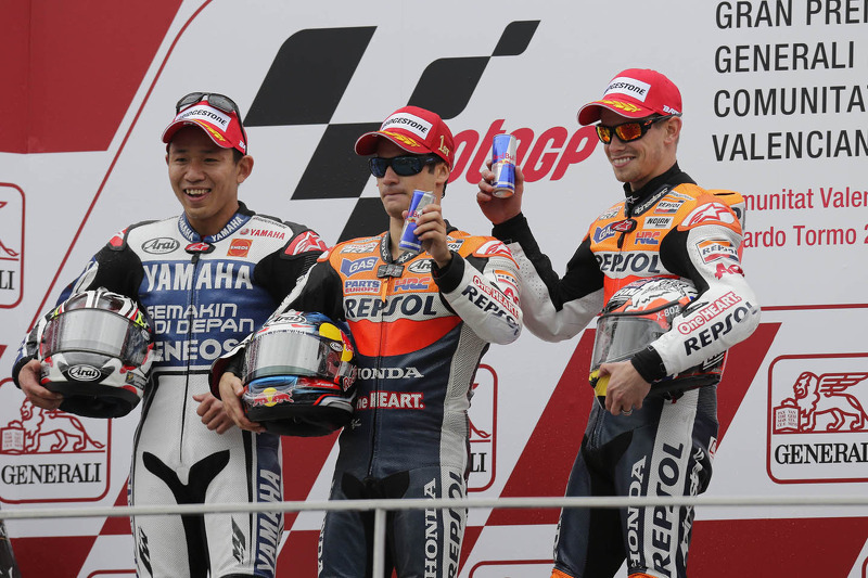 Podium: winner Dani Pedrosa, Repsol Honda Team, second place Katsuyuki Nakasuga, Yamaha Factory Racing, third place Casey Stoner, Repsol Honda Team