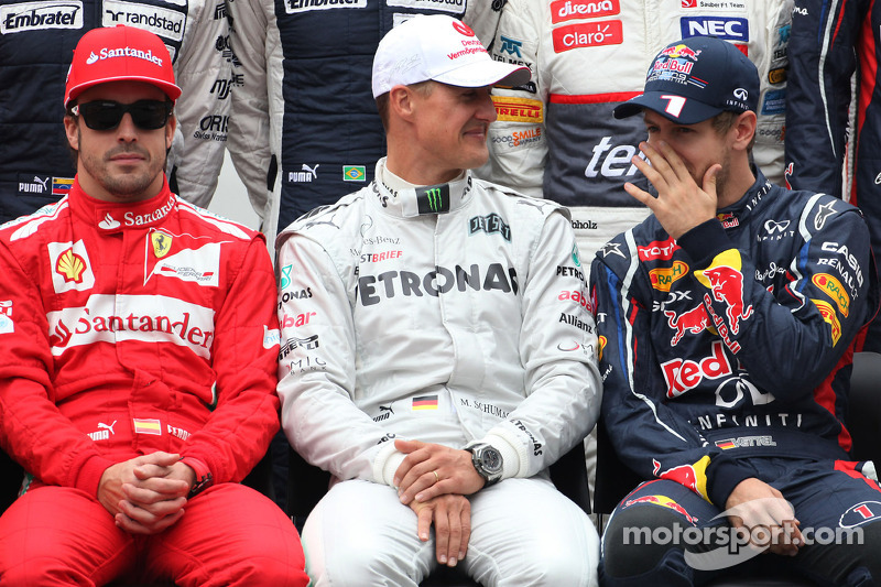 Fernando Alonso, Scuderia Ferrari, Michael Schumacher, Mercedes GP and Sebastian Vettel, Red Bull Racing