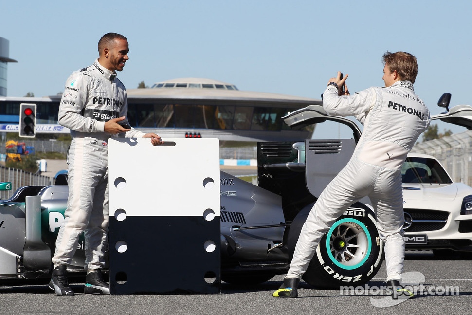 Lewis Hamilton, Mercedes AMG F1 and team mate with the new Mercedes AMG F1 W04 promote new sponsors Blackberry