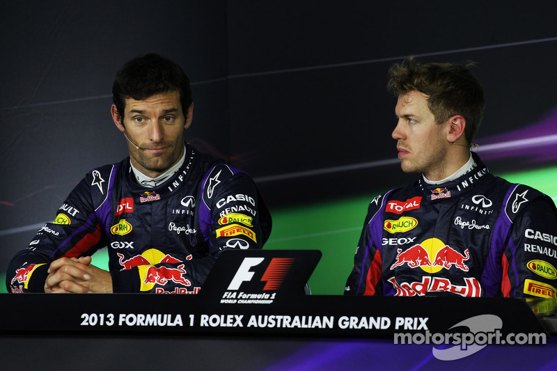 (L to R): Mark Webber, Red Bull Racing and pole sitter Sebastian Vettel, Red Bull Racing in the FIA Press Conference