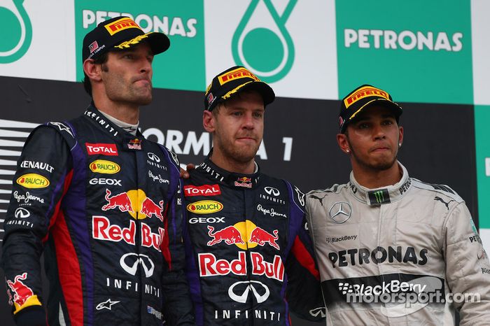 Podio: ganador de la carrera Sebastian Vettel, Red Bull Racing. Mark Webber, Red Bull Racing el segu