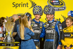 Championship victory lane: NASCAR Sprint Cup Series 2013 champion 2013 Jimmie Johnson, Hendrick Motorsports Chevrolet with wife Chandra and crew chief Chad Knaus