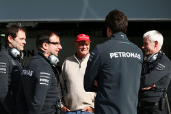 (L to R): Aldo Costa, Mercedes AMG F1 Engineering Director with Niki Lauda, Mercedes Non-Executive Chairman; Toto Wolff, Mercedes AMG F1 Shareholder and Executive Director and Geoff Willis, Mercedes AMG F1 Technology Director