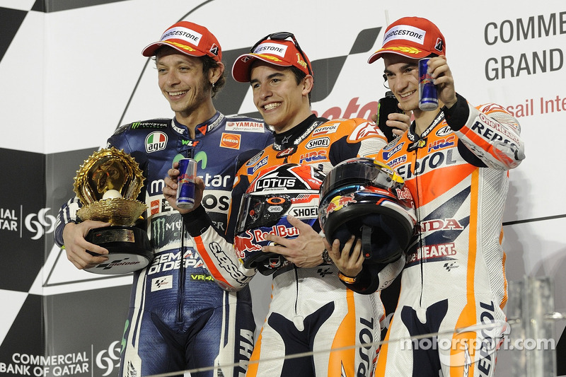 Pemenang Marc Marquez, Repsol Honda Team, peringkat kedua Valentino Rossi, Yamaha Factory Racing, posisi ketiga Dani Pedrosa