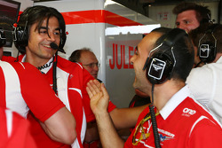 Francesco Nenci, Marussia F1 Team Race Engineer and the Marussia F1 Team celebrate Jules Bianchi, scoring their first F1 points