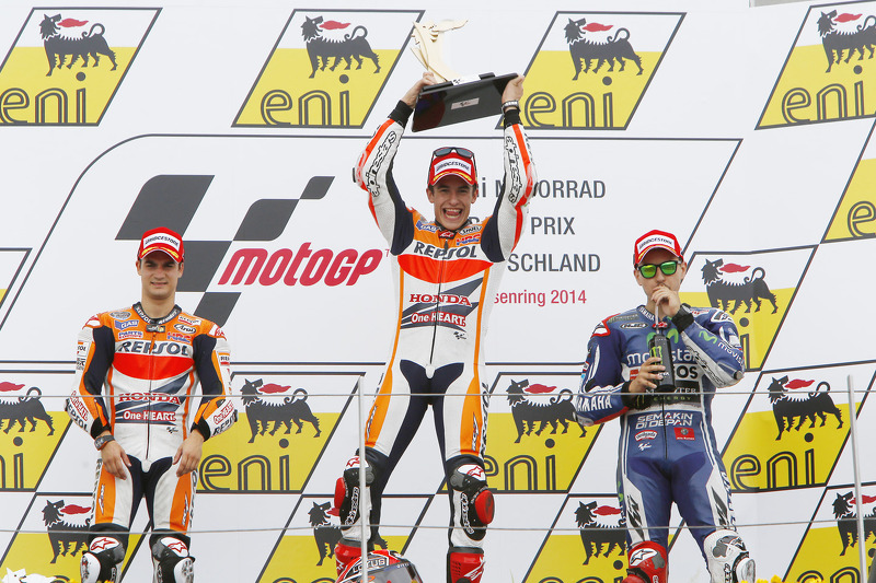 Podium: race winner Marc Marquez, second place Dani Pedrosa, third place Jorge Lorenzo