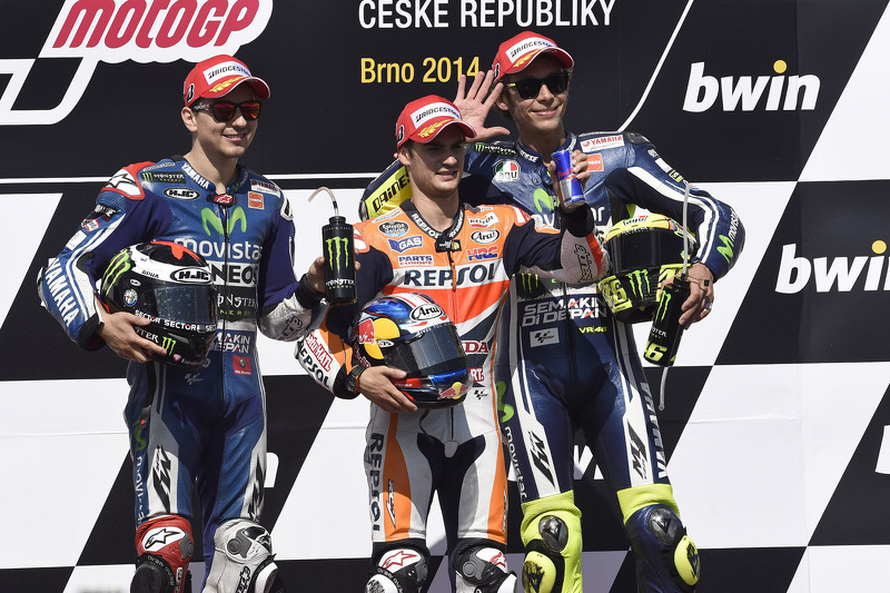 Race winner Dani Pedrosa, second place Jorge Lorenzo, third place Valentino Rossi