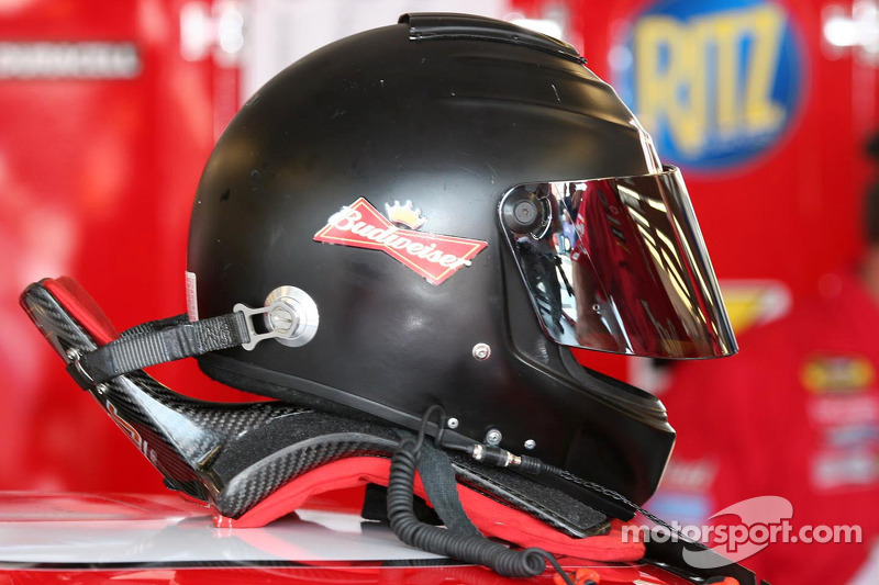 Dale Earnhardt Jr.'s HANS device is connected to his helmet at Chicagoland