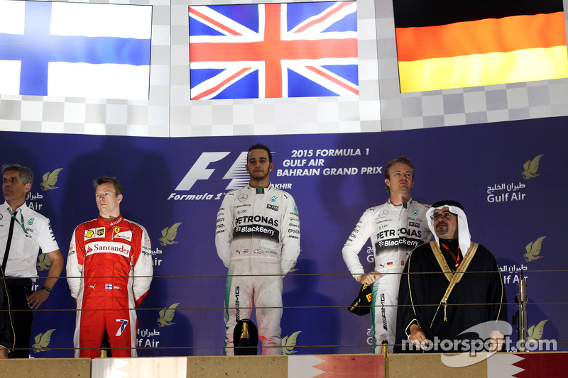 The podium Kimi Raikkonen, Ferrari, second; Lewis Hamilton, Mercedes AMG F1, race winner; Nico Rosbe