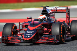 Jenson Button, McLaren MP4-30 avec de la peinture flow-vis sur l'aileron avant