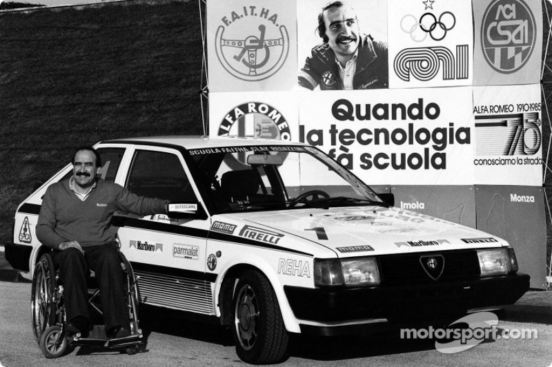 Clay Regazzoni a wheel-chair, his Alfa Romeo sponsored racing pilotu school for handicapped people, 