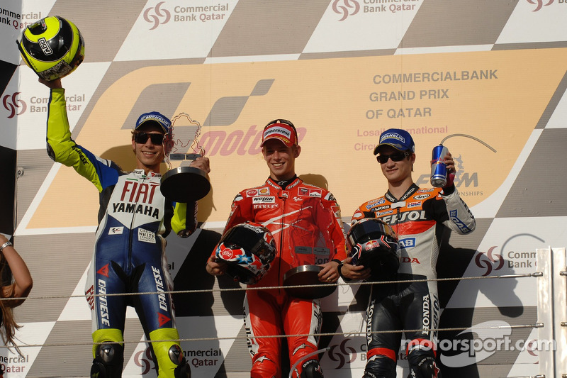 Podio: Casey Stoner, Valentino Rossi y Dani Pedrosa