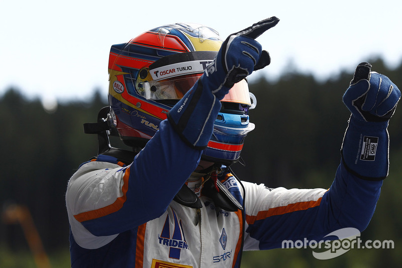 Race winner Oscar Tunjo, Trident celebrates his win in Parc Ferme