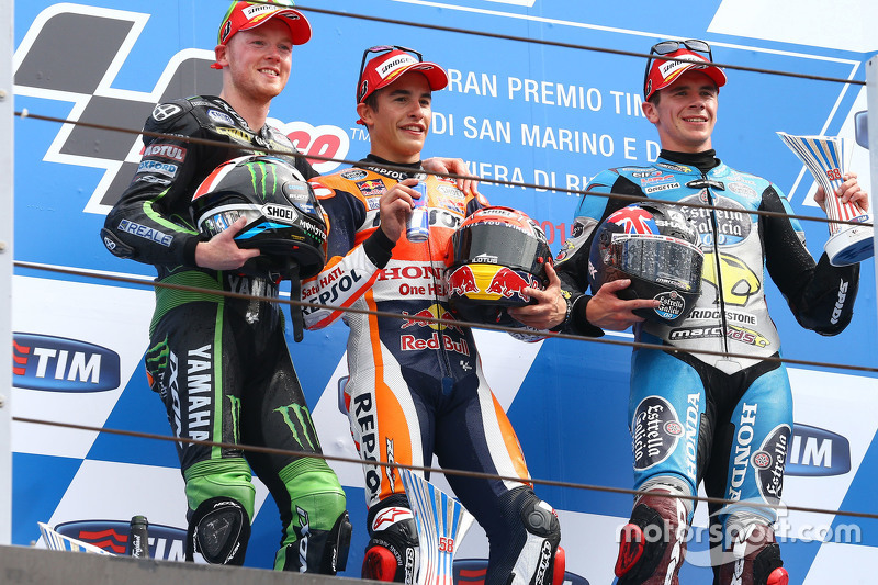 Podium: 2. Bradley Smith, Tech 3 Yamaha; 1. Marc Marquez, Repsol Honda Team; 3. Scott Redding, Marc 