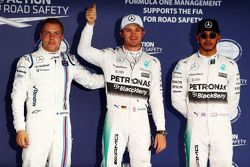 Qualifying top three in parc ferme,: Valtteri Bottas, Williams, third; Nico Rosberg, Mercedes AMG F1, pole position; Lewis Hamilton, Mercedes AMG F1, second