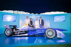 Formula E car in Hong Kong with Nelson Piquet Jr. and Alejandro Agag, CEO Formula E