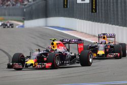 Daniil Kvyat, Red Bull Racing RB11 leads team mate Daniel Ricciardo, Red Bull Racing RB11