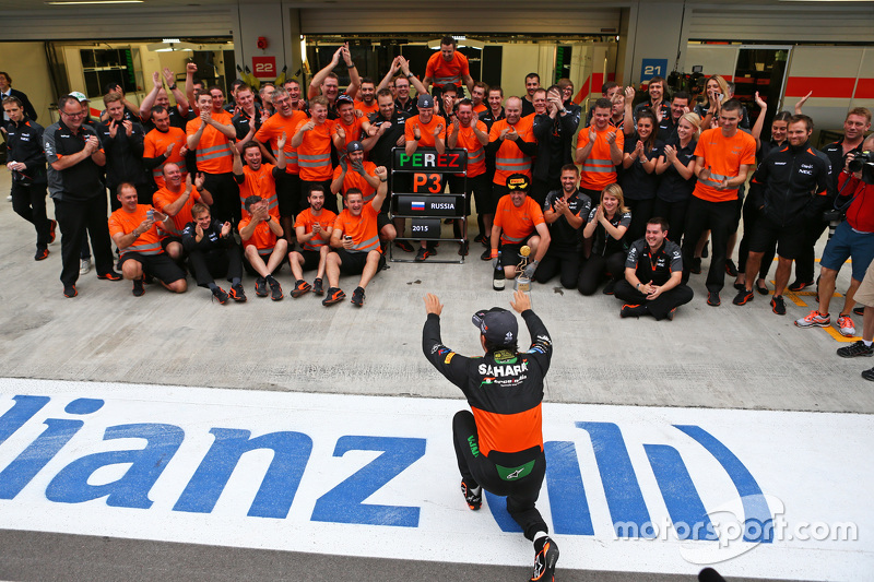 Sergio Perez, Sahara Force India F1 celebrates his third position with the team