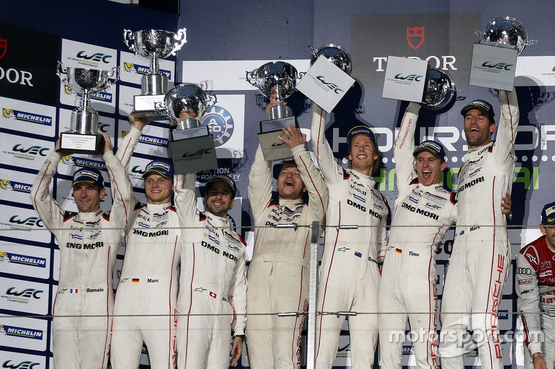 Podium: winners Timo Bernhard, Mark Webber, Brendon Hartley, Porsche Team, second place Romain Dumas, Neel Jani, Marc Lieb, Porsche Team