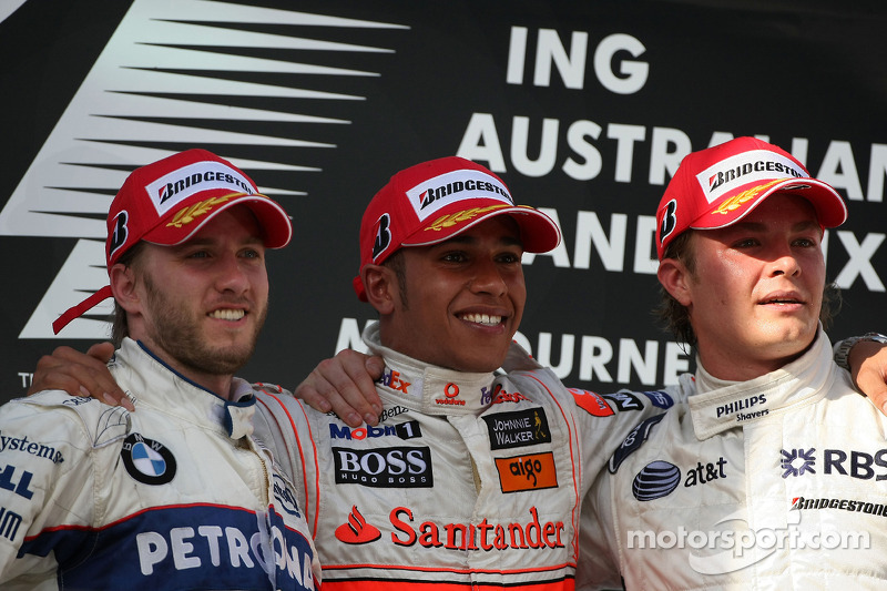 Podio: ganador de la carrera Lewis Hamilton, McLaren Mercedes, segundo lugar Nick Heidfeld, BMW Saub