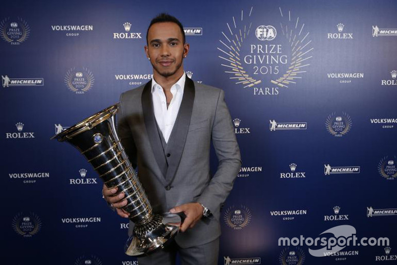 Lewis Hamilton, Mercedes AMG F1 with his world champion trophy