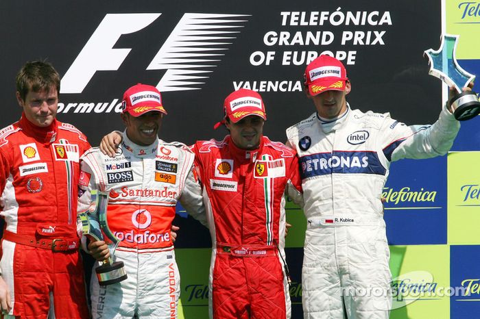 14- GP de Europa 2008 (24 años, 10 meses y 20 días): 3º Robert Kubica, 2º Lewis Hamilton, 1º Felipe Massa