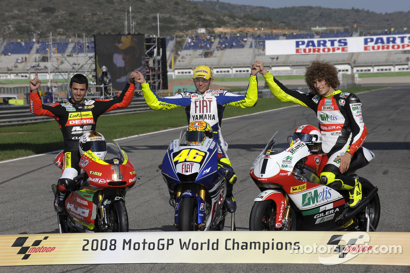 Motorrad-Weltmeister 2008: Valentino Rossi, MotoGP, Marco Simoncelli, 250er, Mike di Meglio, 125er