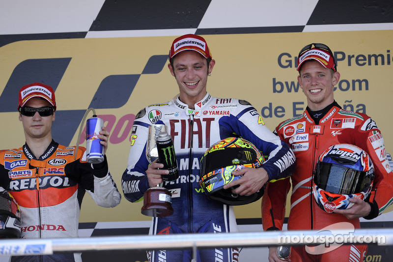 Podio: carrera ganador Valentino Rossi, Fiat Yamaha Team, segundo lugar Dani Pedrosa, Repsol Honda Team, tercer lugar Casey Stoner, Ducati Marlboro Team