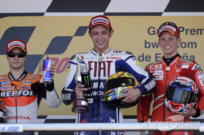 Podio: 1º Valentino Rossi, 2º Dani Pedrosa, 3º Casey Stoner