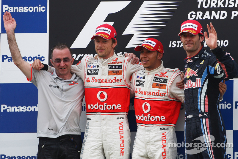 Podium: race winner Lewis Hamilton, McLaren Mercedes, second place Jenson Button, McLaren Mercedes, 