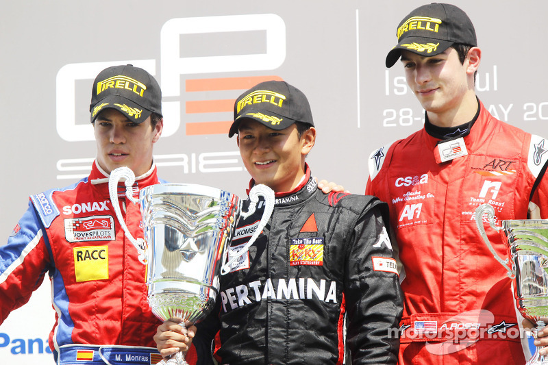 Rio Haryanto celebrates victory on the podium with Miki Monras and Alexander Rossi